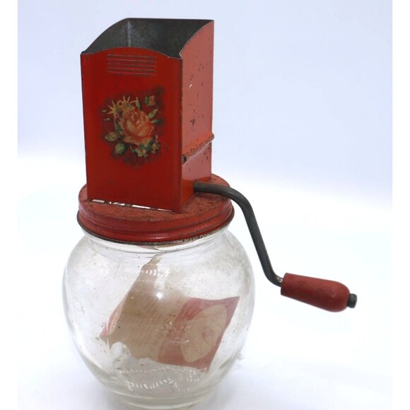Vintage Red-And-Glass Androck Nut Meat Chopper With Hand Crank - Picture 2 of 5